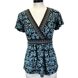 Apt. 9 Women Top Small Floral Blouse Faux Wrap Waist Tie Sht Sleeve V Neck Studs